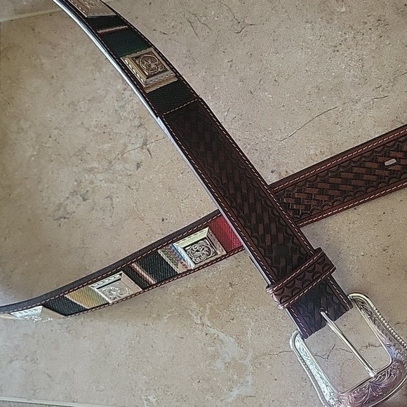 NEW! 3-D BELT CO. Texas Western Tooled Serape Square Concho Tan Belt. - Picture 5 of 7